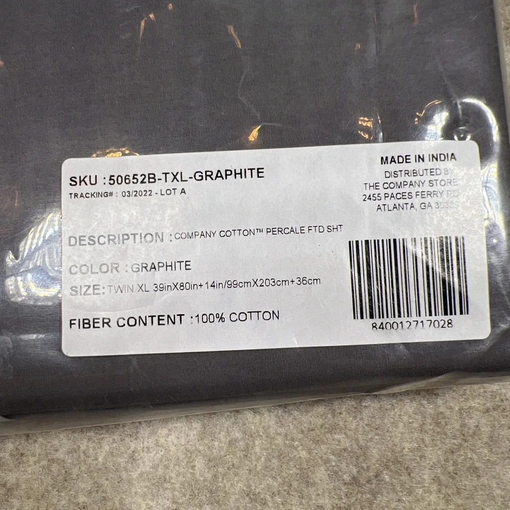 Twin XL Fitted Sheet GRAPHITE The Company Store 100% Cotton Percale NEW in PKG